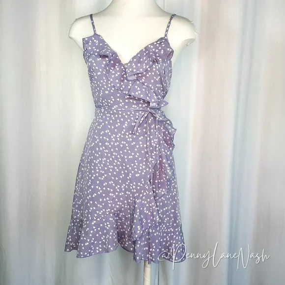 SHEIN Ruffle Trim Allover Heart Knot Side Wrap Cami Dress Purple - Picture 2 of 12